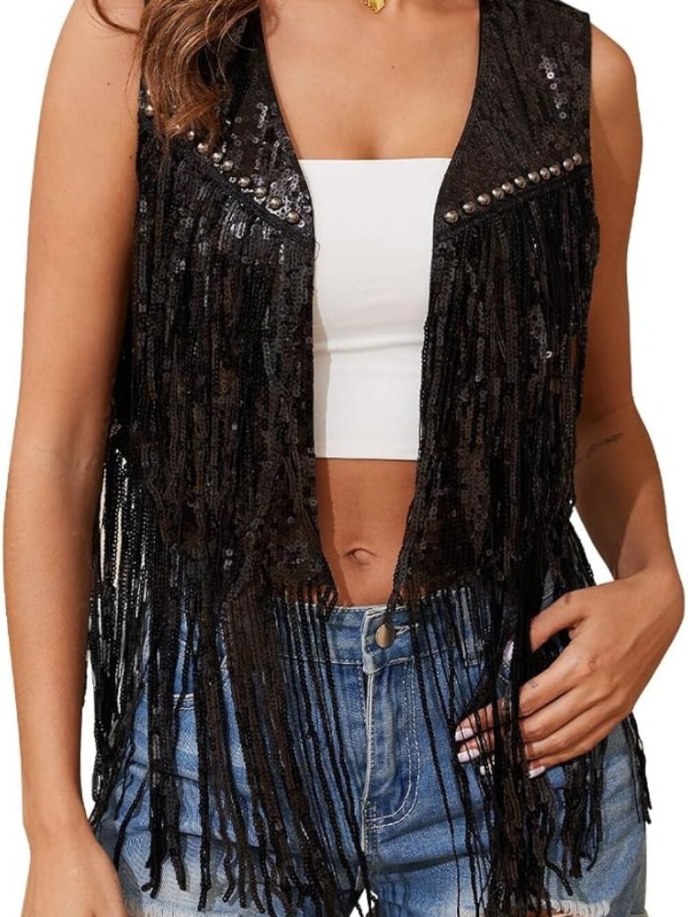 Sequin Sleeveless Tassel Vest Western Fringe Cowgirl - NWOT - M